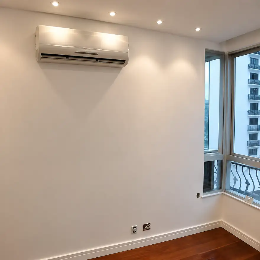 Ar-condicionado split instalado e alinhado em sala de apartamento
