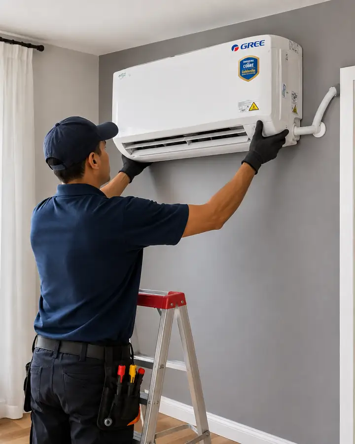Técnico da Progride fixando a evaporadora de um ar-condicionado split na parede
